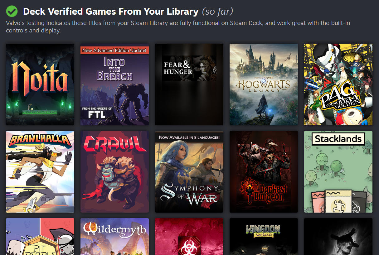 The beginning of a list of games verified for the Steam Deck.