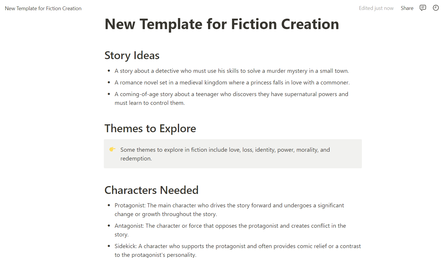Creating a template for fiction creation in Notion.