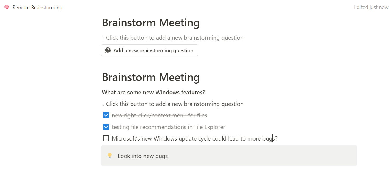 Using the Remote Brainstorming template in Notion.