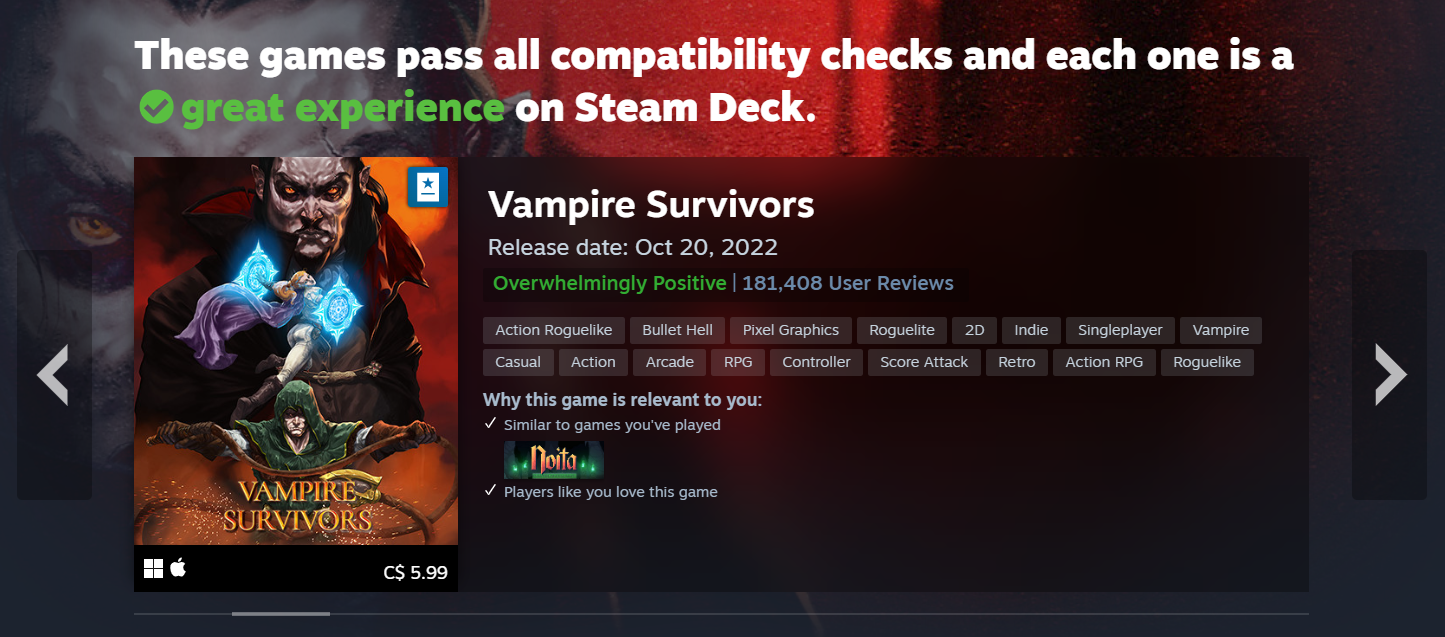 The Steam Deck verified webpage showing an ad for the game Vampire Survivors.