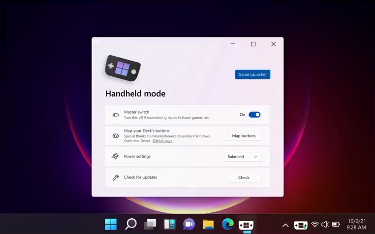 Screenshot of a settings panel for handheld mode