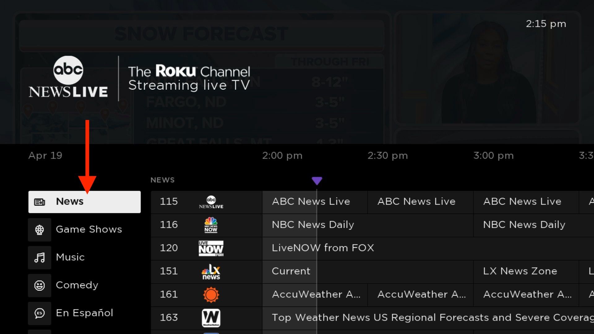 Screenshot of news channels in Roku