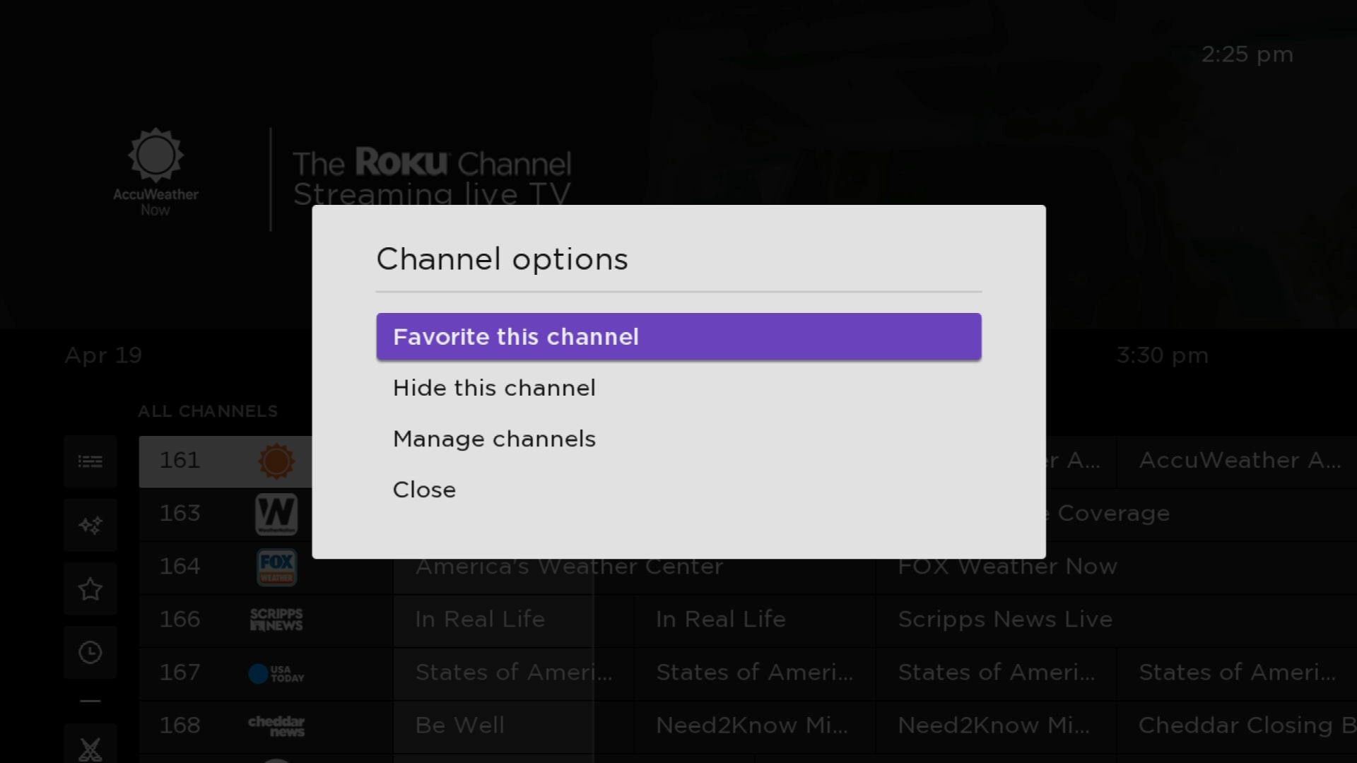 Screenshot of marking a channel as a favorite in the Roku Channel