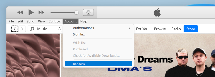 Click Account > Redeem within iTunes for Windows