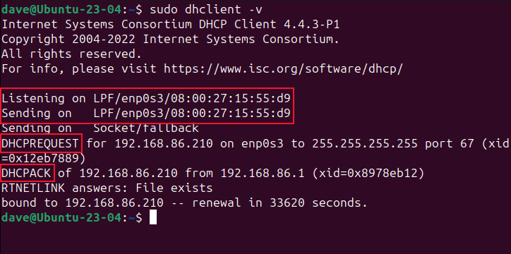 Using the dhclient -v command to inspect DHCP messages, in Ubuntu Linux