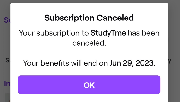 Subscription canceled on Twitch mobile.