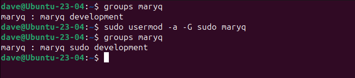 Adding user maryq to the sudo group, with usermod on Ubuntu
