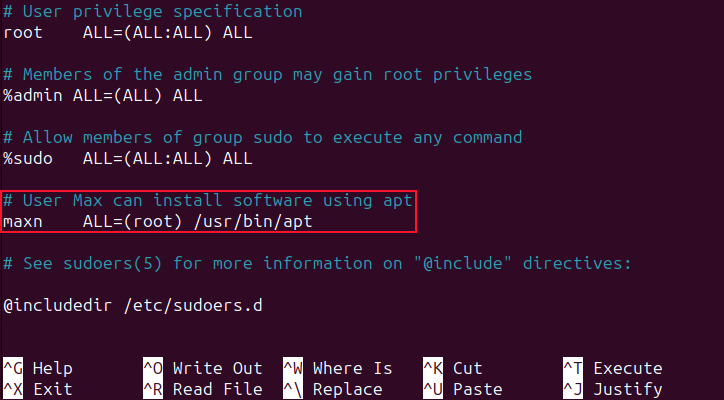Adding user account maxn to eh sudoers file, using sudo visudo on Ubuntu