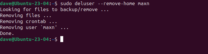 Using the deluser command with the --remove-home option to delete a user on Ubuntu