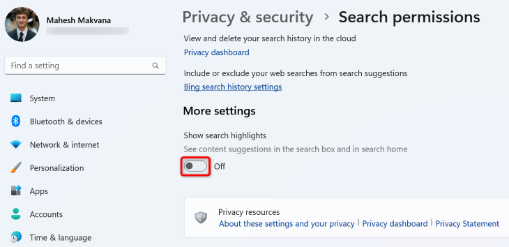 Disable &quot;Show Search Highlights.&quot;