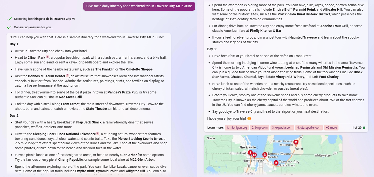 &ldquo;Give me a daily itinerary for a weekend trip in Traverse City, MI in June.&quot;