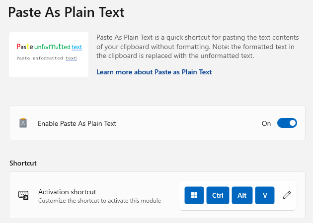 Paste as Plain Text PowerToys configuration menu in Windows 11