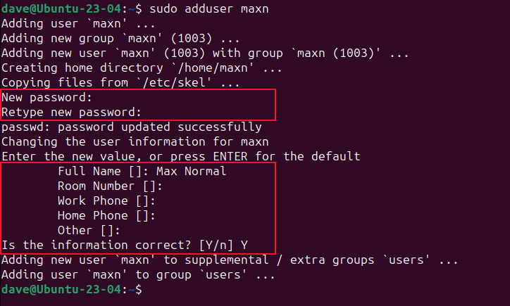 Adding a new user with the adduser command in Ubuntu