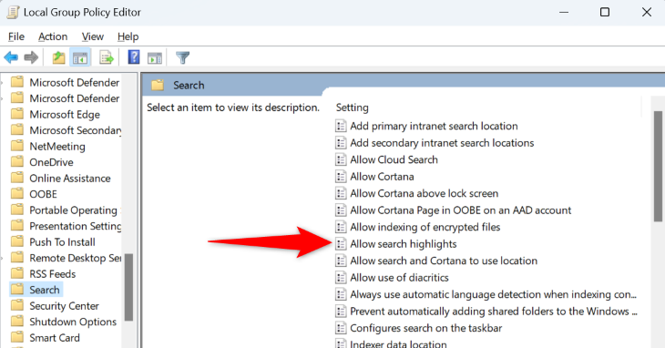 Open &ldquo;Allow Search Highlights.&quot;