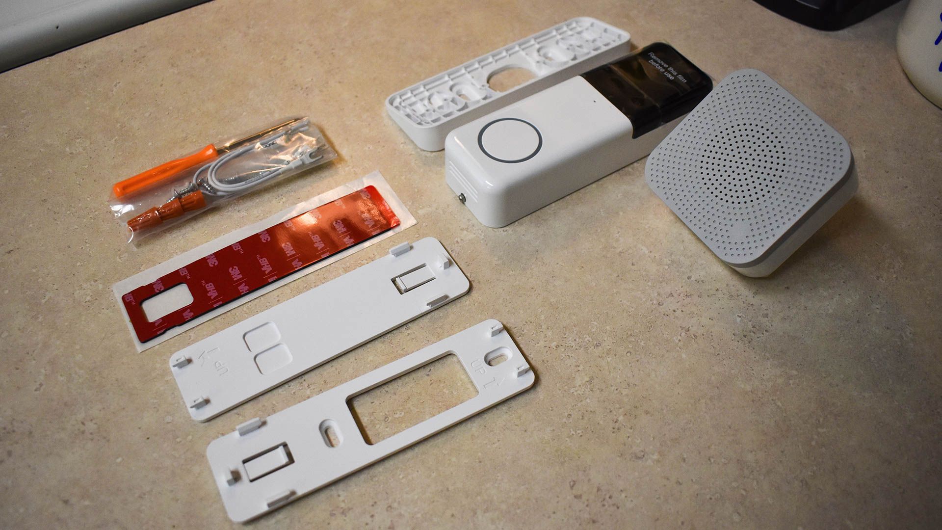 Everything included in the box- Wyze Doorbell Pro, Chime Pro, mounting plates, tools, and adhesive