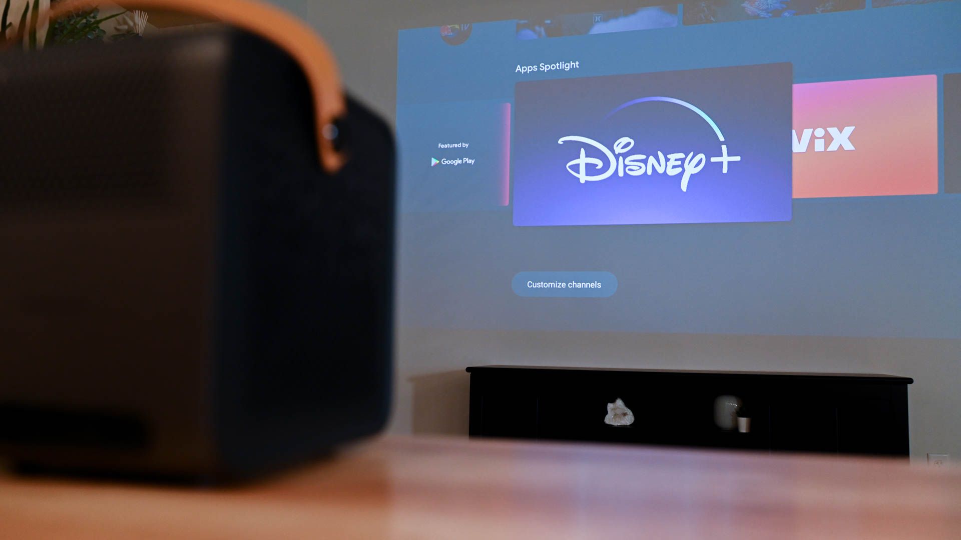 View of Disney Plus App on the WEMAX DICE 1080p Mini Portable Projector 4K