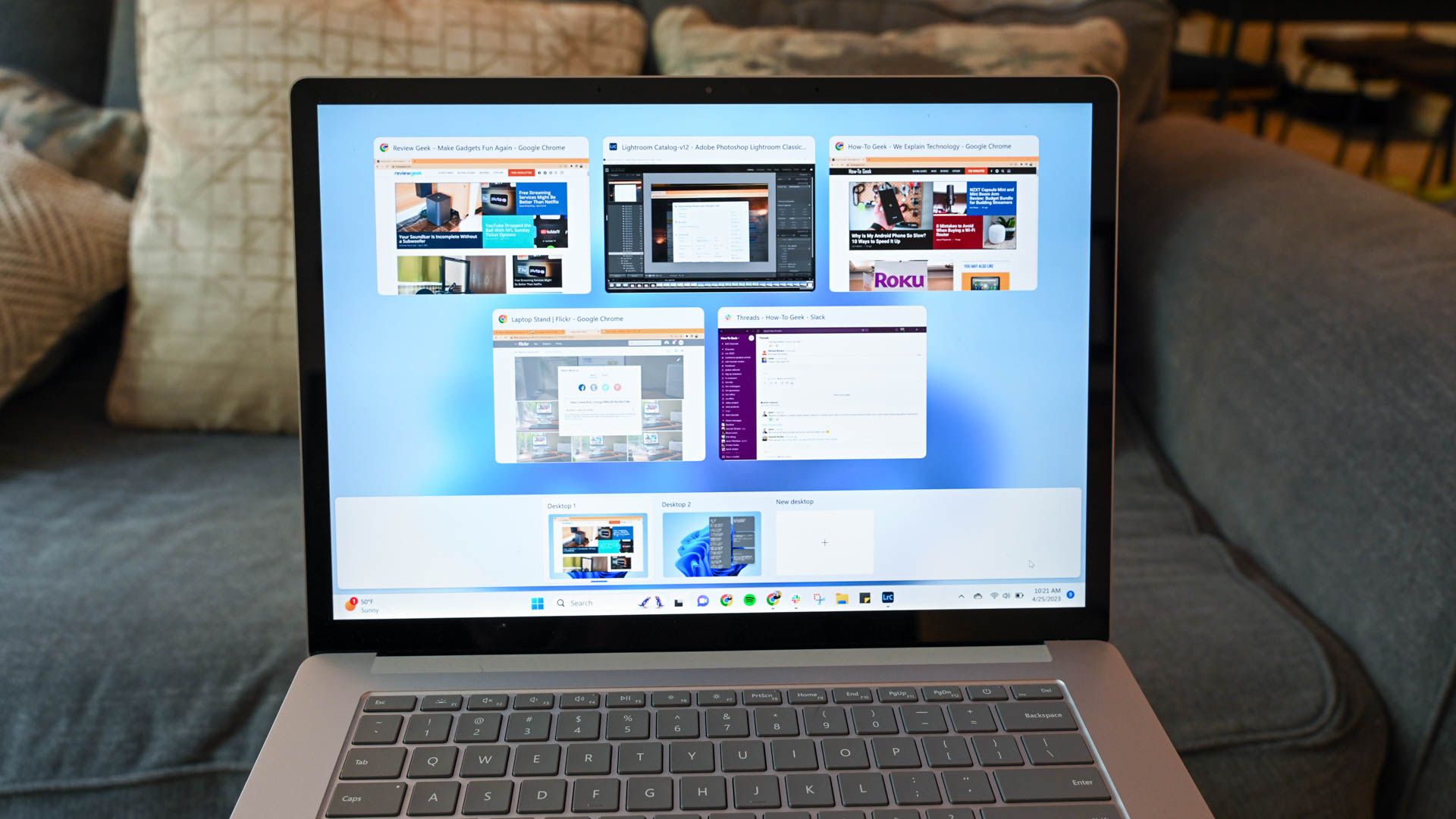 Task view open on a surface laptop to open a alternate desktop
