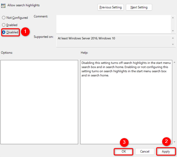 Select &ldquo;Disabled&rdquo; and click Apply &gt; OK.