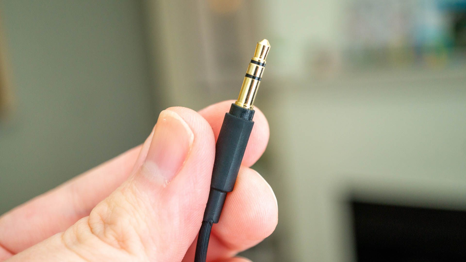 Close up of a person holding a 3.5mm cable