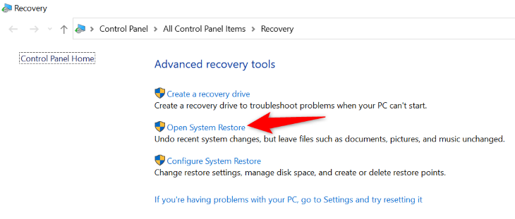 Select "Open System Restore."