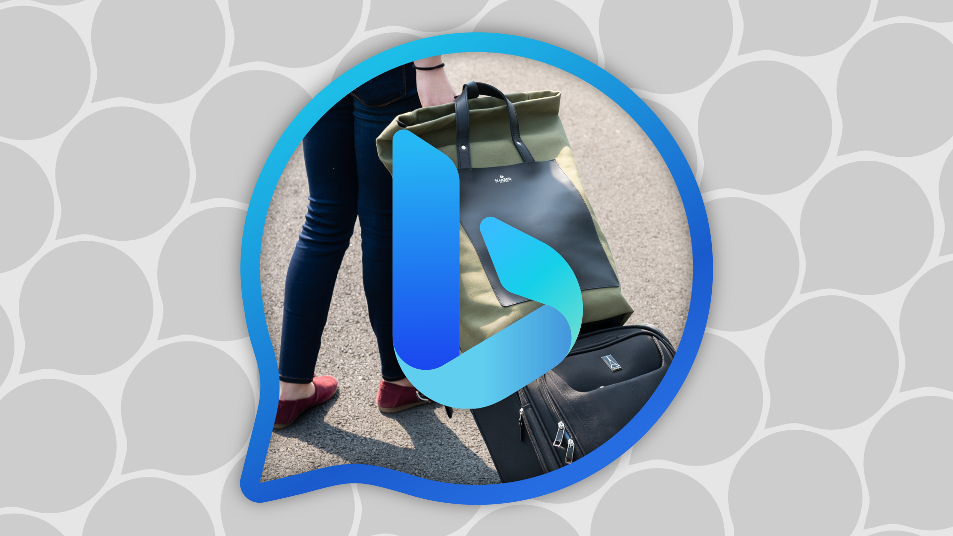 Bing logo overtop a person carrying luggage.