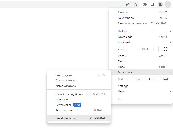 The main settings menu in Google Chrome, open to show the More Tools and Developer Tools options.