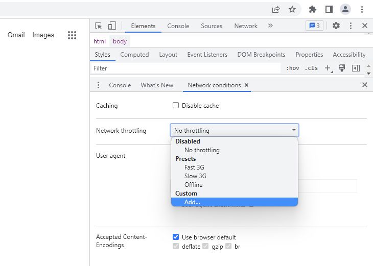 The Network Throttling menu in Google Chrome.