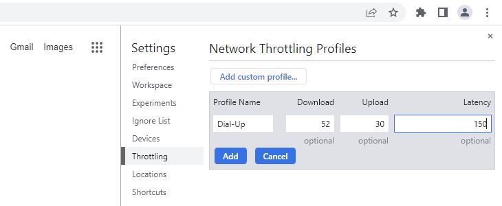 The Network Throttling Profiles in Google Chrome.