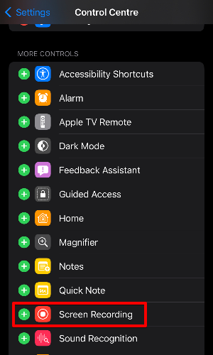 Screen Recording toggle highlighed in the Control Center settings