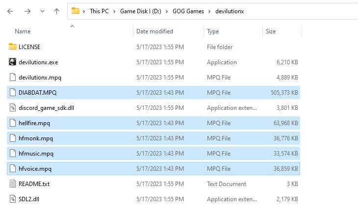 A screenshot showing the MPQ files in the DevilutionX directory.