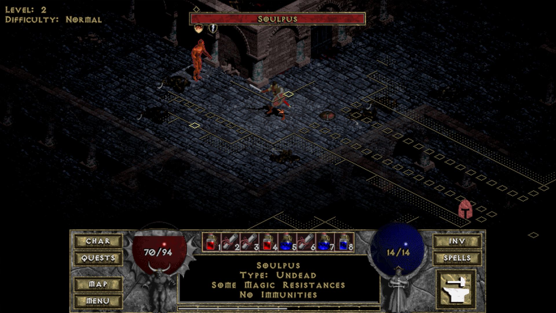 A screenshot of Diablo with the player in the Cathedral dungeon.