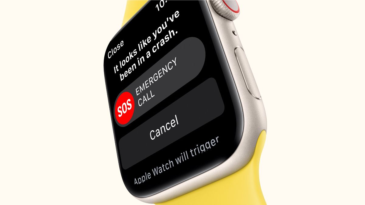 Apple Watch SE with a yellow band on a white background