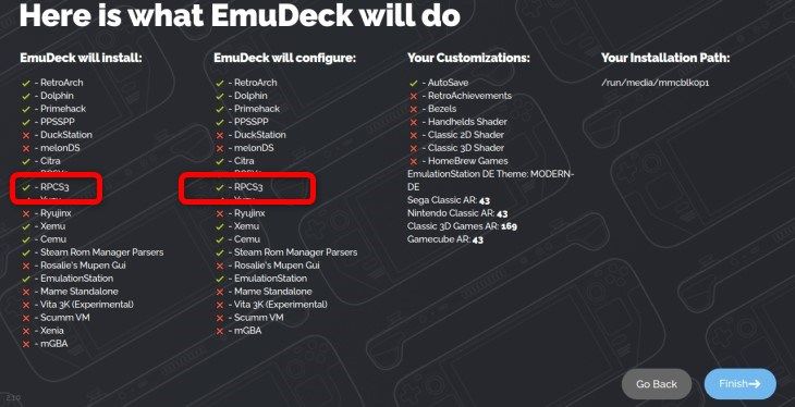 Make sure that the RPCS3 is on the emulator and emulator configuration list on the here is what Emudeck will do page
