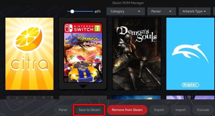 Click on the Save to Steam button once Steam ROM manager lists all of the games you have in your Emulation folder