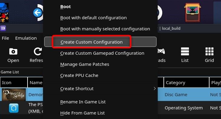 To tweak settings for an individual game right-click the game inside RPCS3 and then select the “Create Custom Configuration” button
