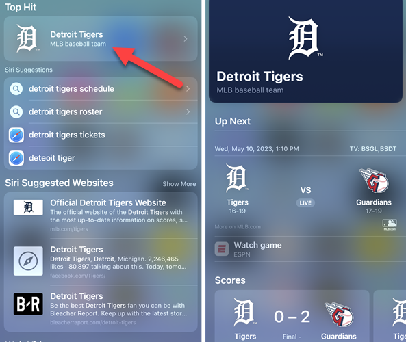 Check sports scores with iPhone Spotlight.