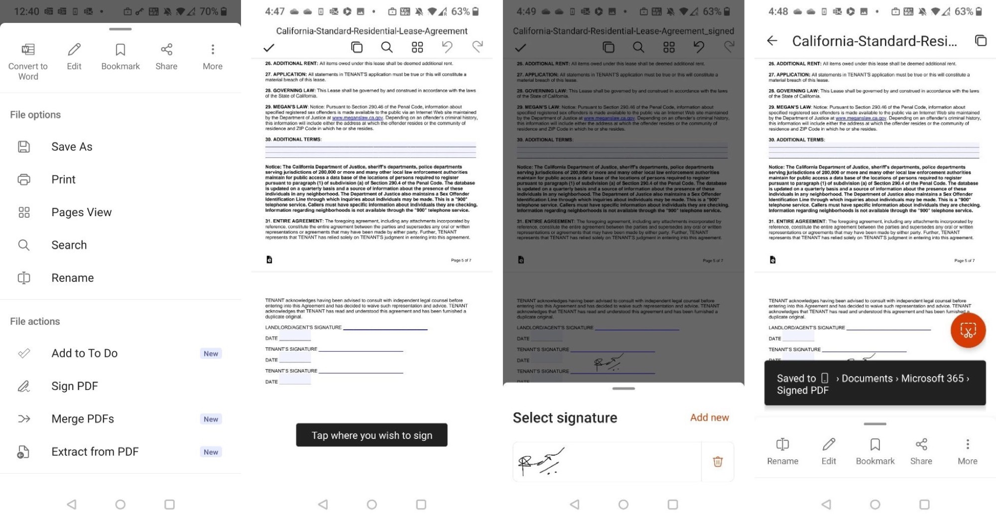 Screenshots of signing a PDF in the Microsoft 365 app