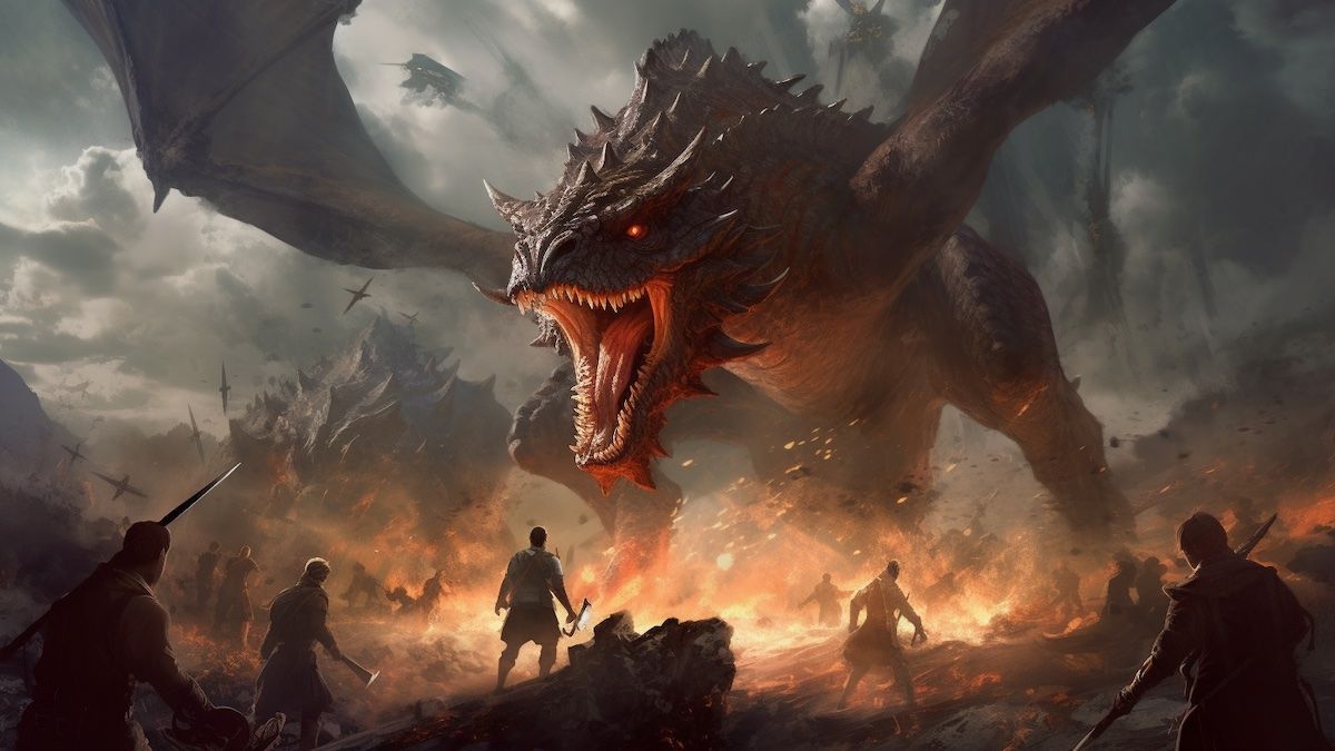 Fantasy Art of Knights Battling a Dragon