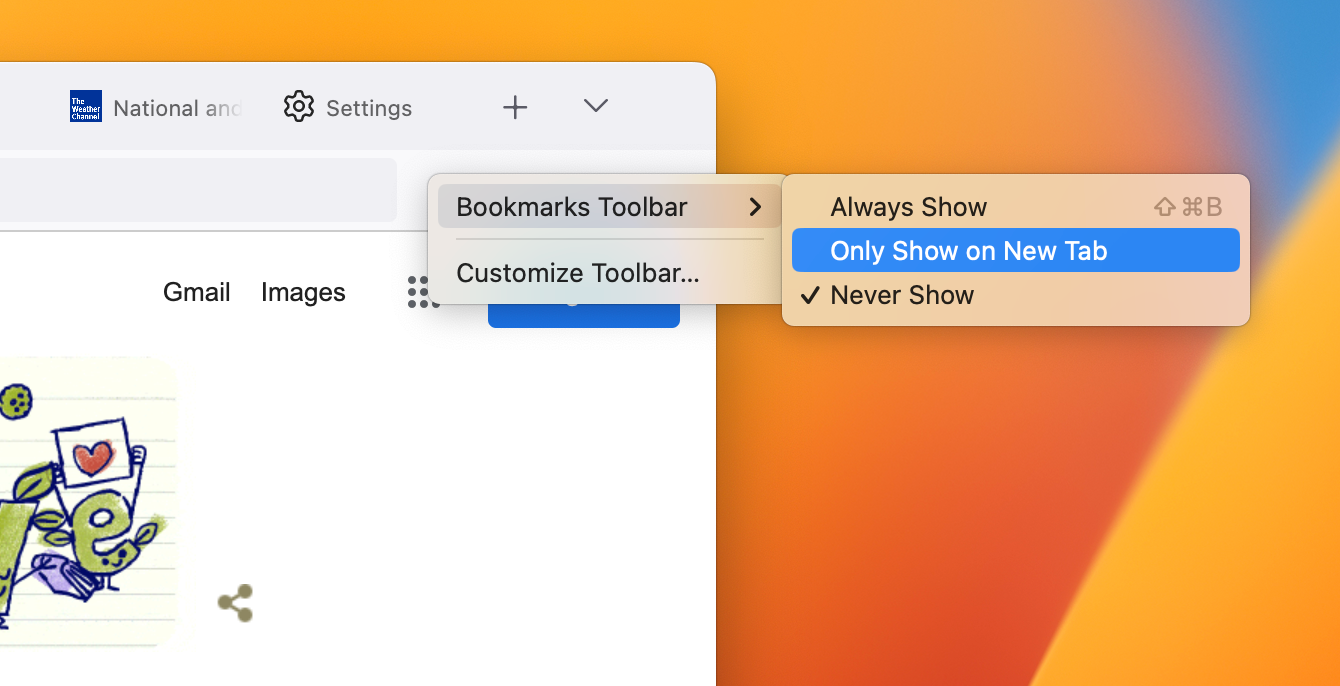 Changing bookmarks setting in Firefox