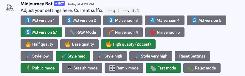 Midjourney Options Panel In Discord
