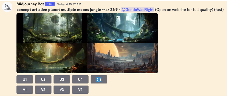 Wallpaper output with four options to choose from after prompting MidJourney.
