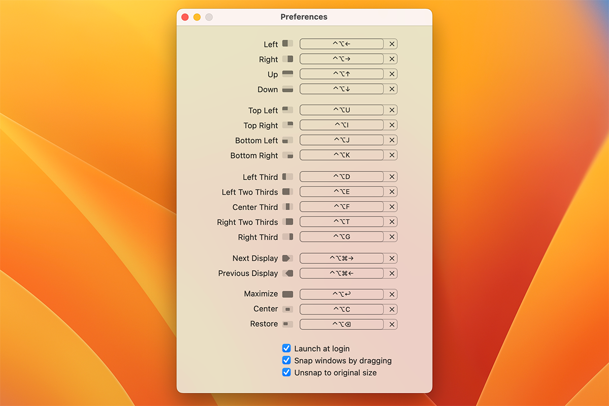 Screenshot of keyboard shortcuts available in Magnet