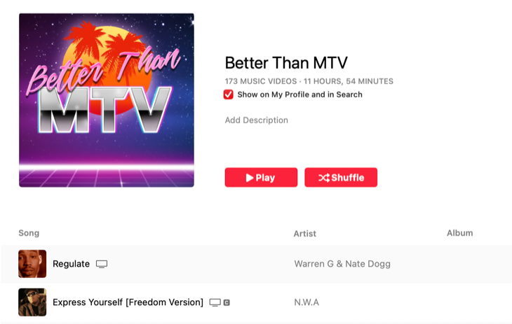 A music video playlist in Apple Music