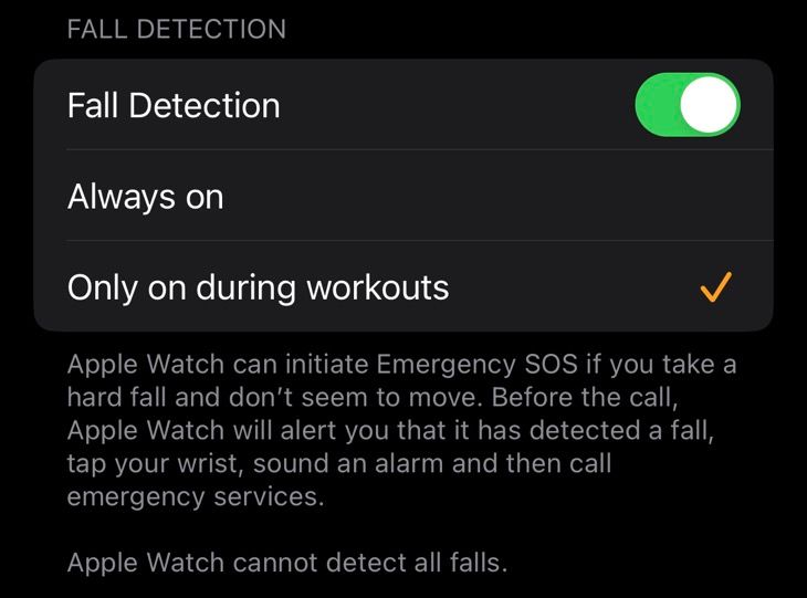 Fall Detection toggles on Apple Watch