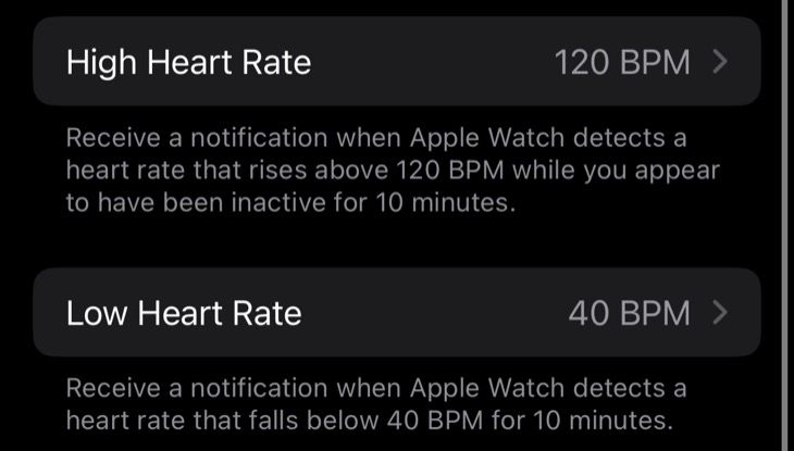 High and low heart rate threshold for Apple Watch cardiac monitoring