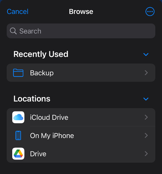 Storage location options in iOS Files app
