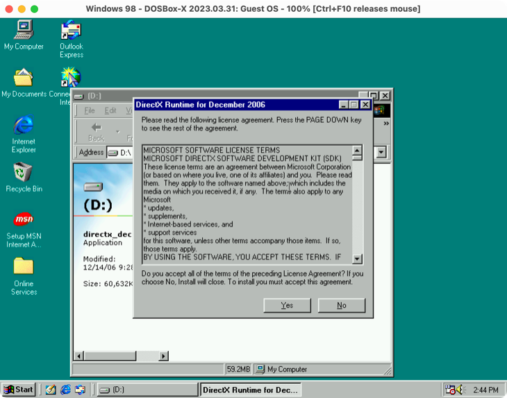 DirectX 9.0c installer running on Windows 98 SE