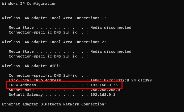 finding Wi-Fi IPv4 address in command prompt