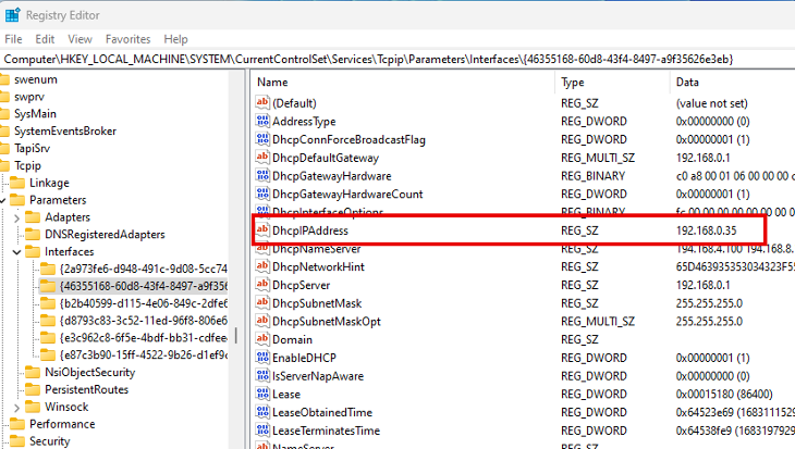 network interfaces in registry editor