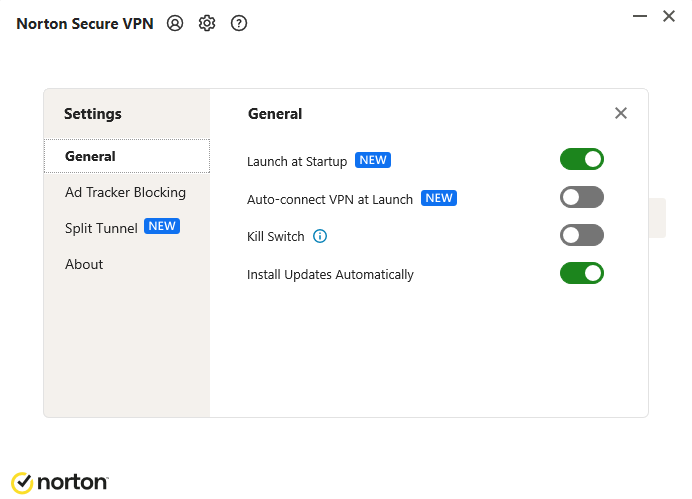 General settings in Norton Secure VPN